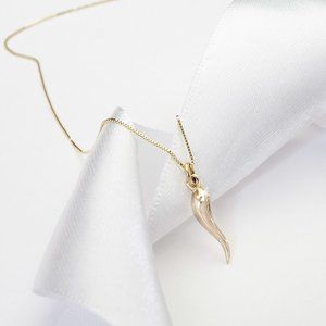 10K Gold Horn Cornicello Pendant, Real Gold Chili Good Luck & Protection Charm